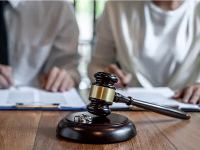 A gavel and two people signing divorce papers, symbolizing the process and legal aspects of gray divorce.